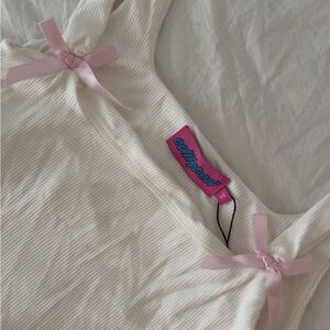 White Ribbed Tank Top with Pink Ribbon Details